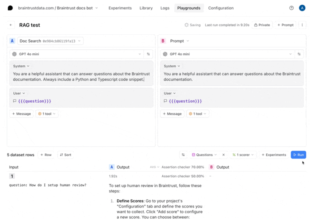 Braintrust Playground comparing two RAG configurations side by side against a shared dataset