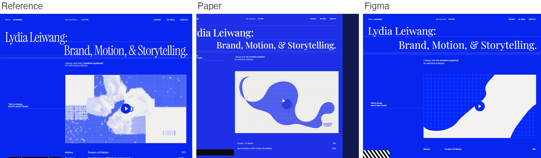 Reference for lydia, blue halftone portfolio hero, next to Paper's and Figma's best-of-three recreations